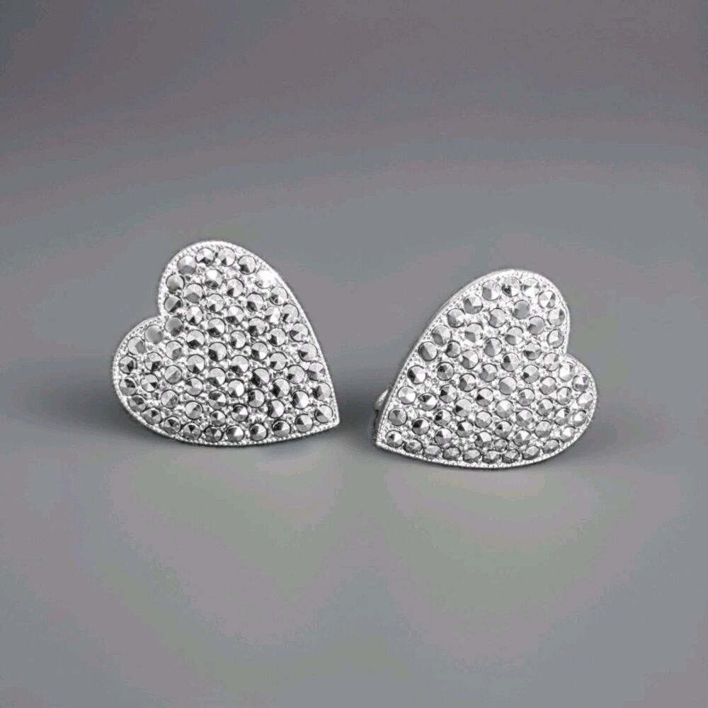Vintage Sterling Silver Pave Heart Screw Back Earrings Marked STERLING, 1/2 " 5g